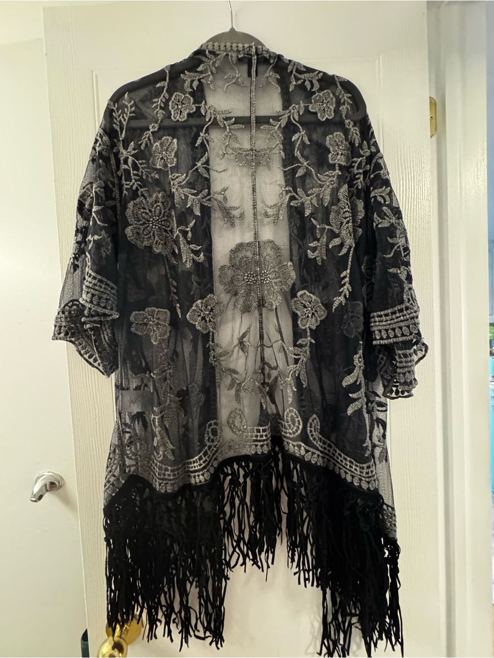 Tribal Black & Silver Floral Lace Fringe Kimono